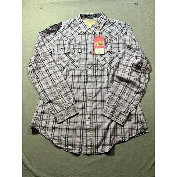 Denim Junkie Button Up Shirt Adult Large Purple‎ Plaid Pocketed Snap Mens - Picture 1 of 13